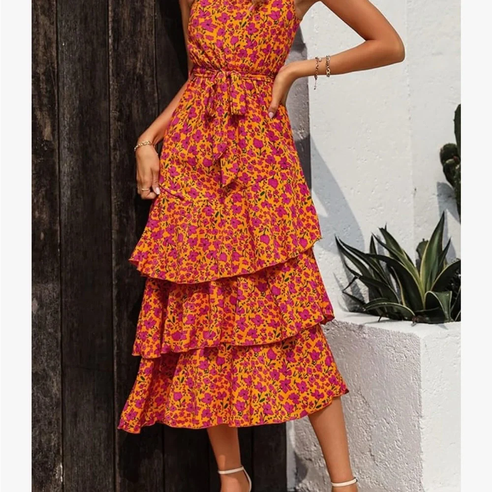 Floral Tiered Maxi Dress in Pink and Orange - Picture 1 of 1
